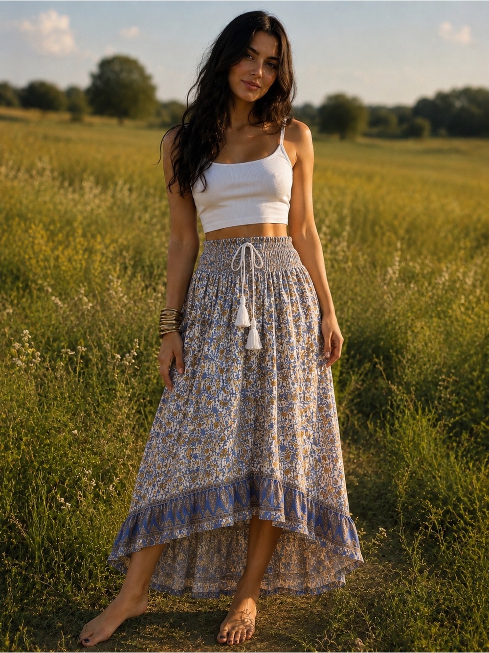 American Rag Bohemian Floral High-Low Maxi Skirt in Blue and Cream